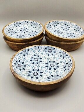 World Market Handmade Mango Wooden Bowls with Blue Azul Inlay - Set of 5, NWOT
